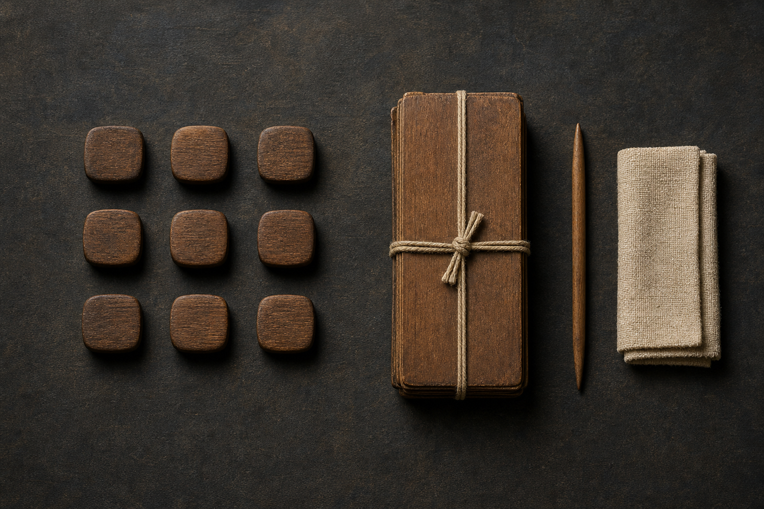 Nine wooden counters are arranged beside a closed, cord-bound palm-leaf manuscript bundle and a wooden stylus.
