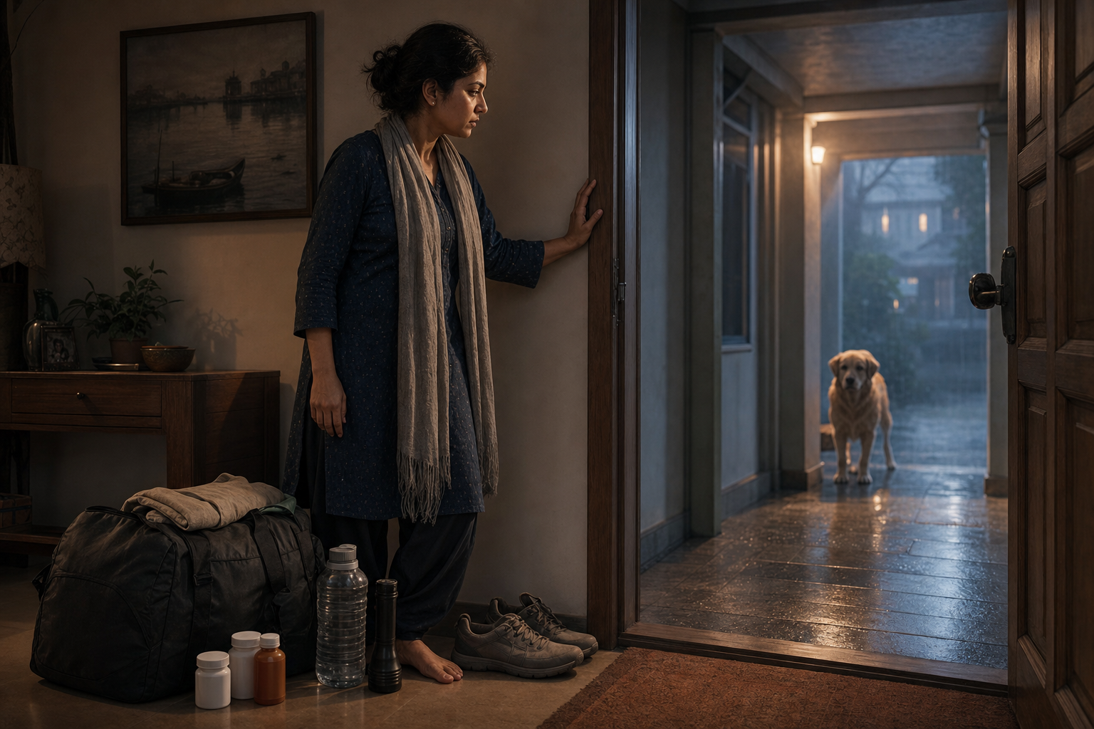 A woman pauses beside a packed emergency bag and looks toward a trusted companion waiting along a clearly lit route outside her home.