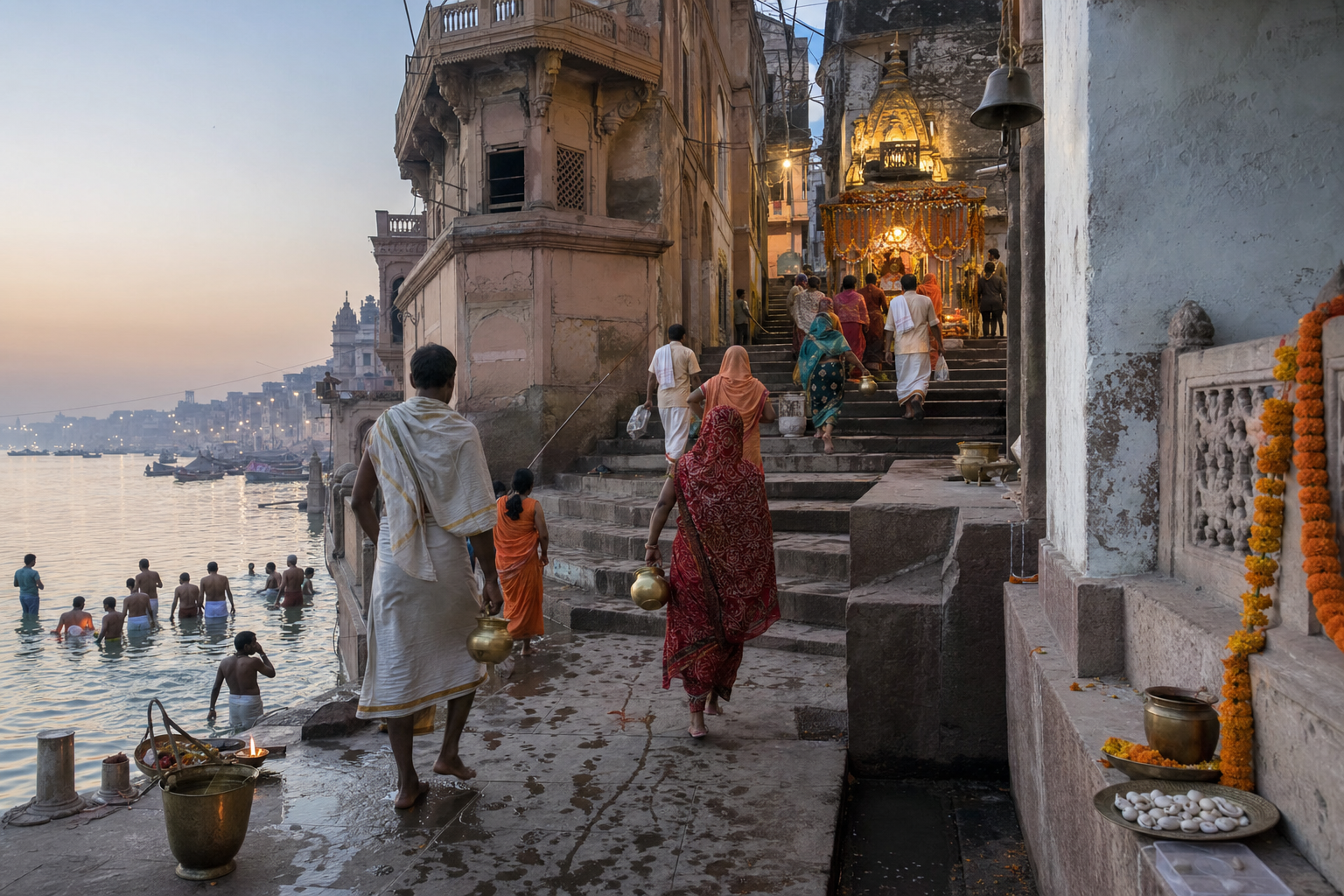 Pilgrims walk from the Ganga ghats through Kashi's stone lanes toward a small flower-decorated goddess shrine.