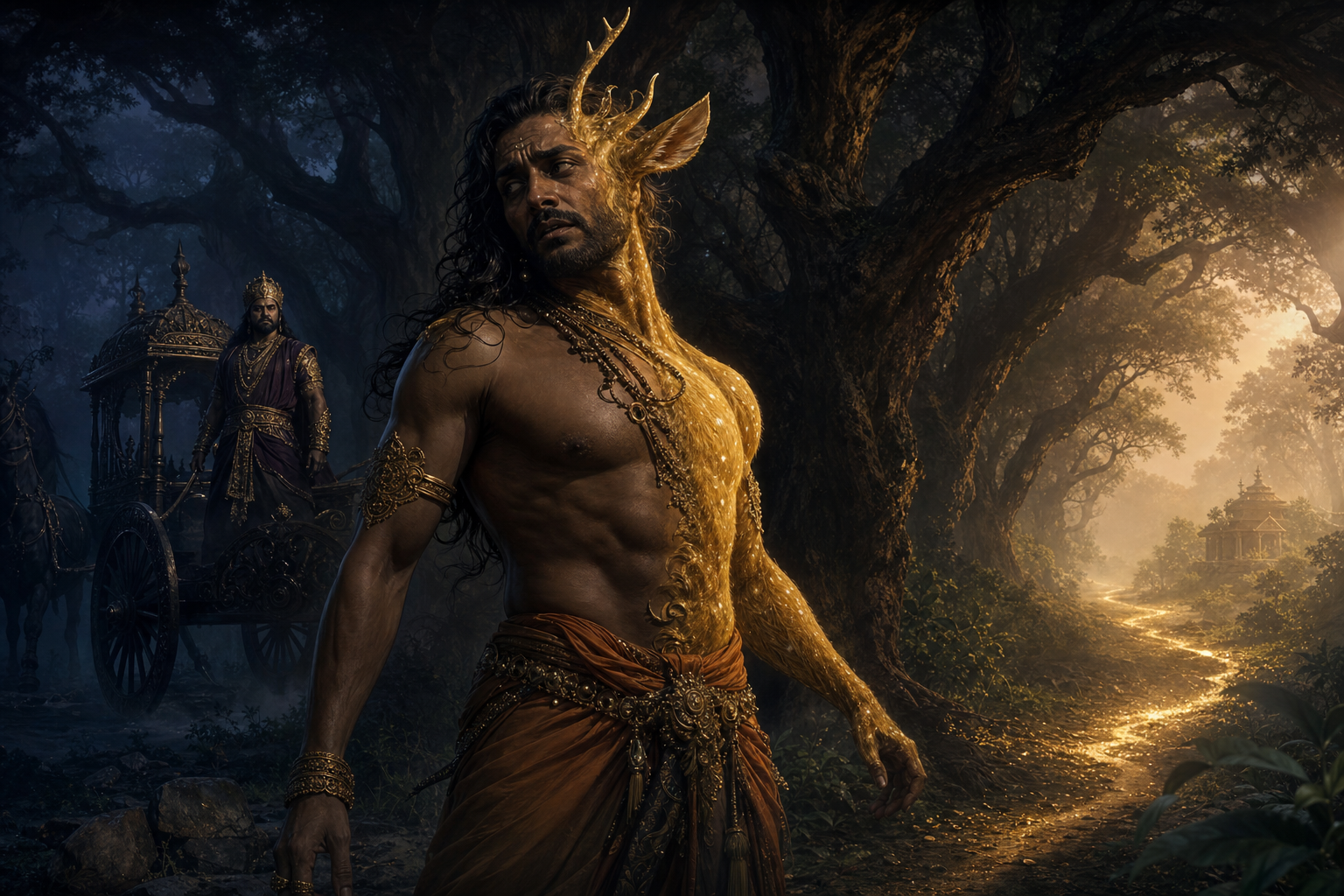 A reluctant Maricha begins transforming into a golden deer while a commanding figure waits behind him in a dark forest.