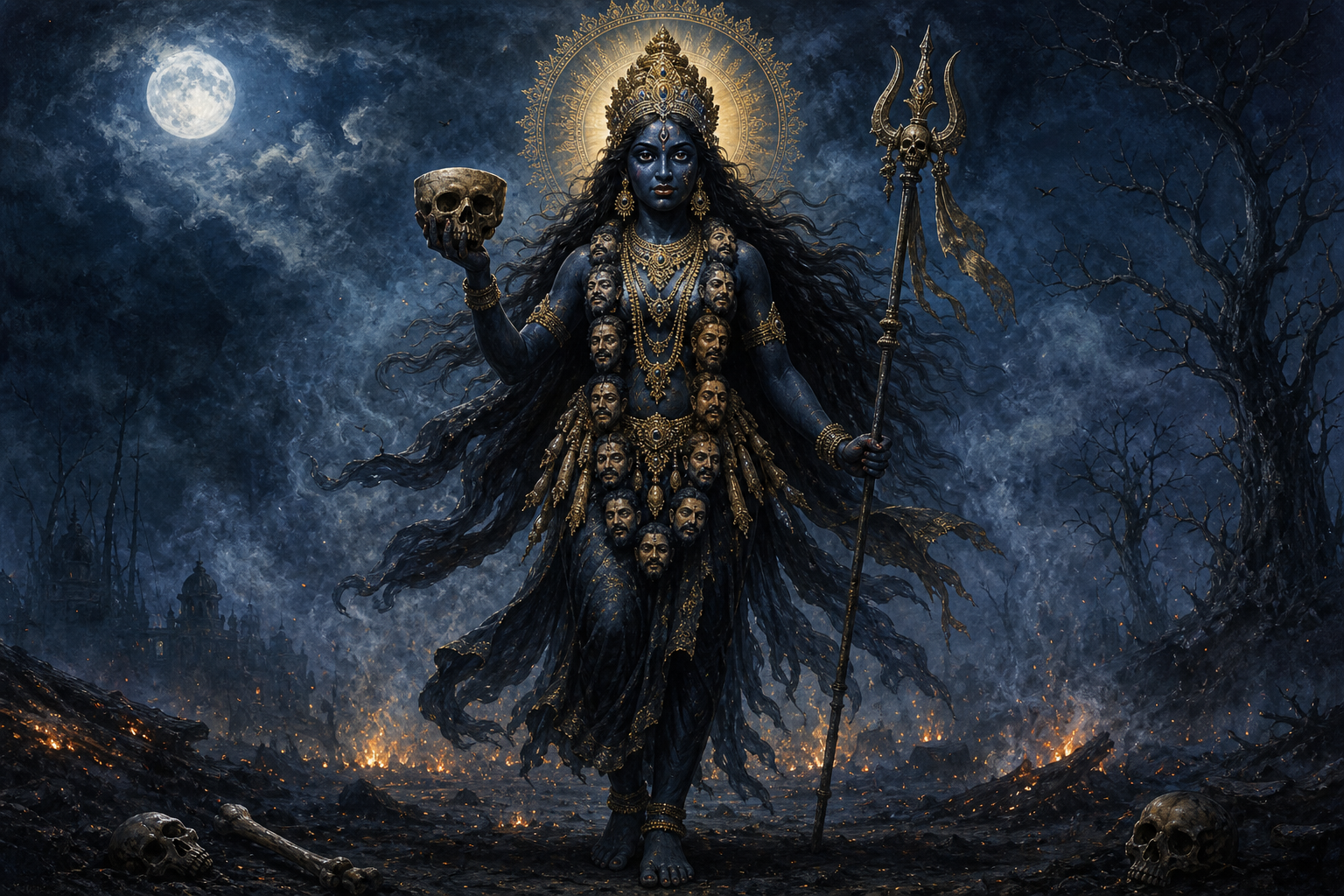 Kapalini Kali stands in a moonlit cremation ground holding a skull-cup and wearing a symbolic garland of heads as smoke and embers surround her.