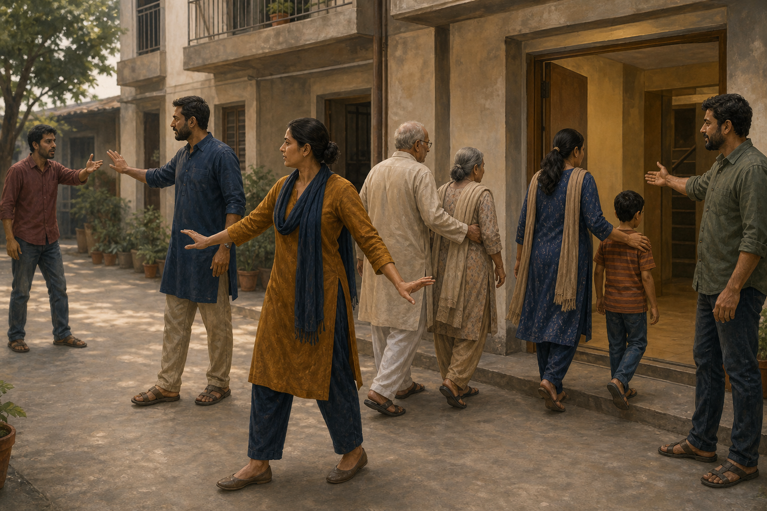 Neighbors with open hands form a calm protective passage while an older couple and a parent with a child move toward a safe doorway.