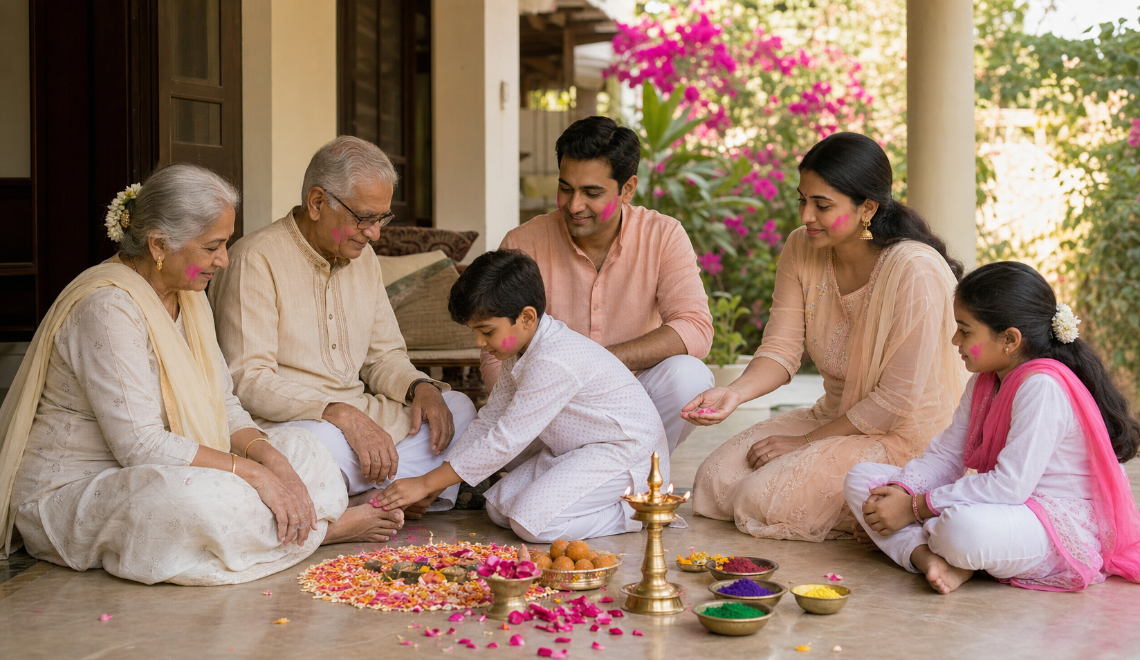 A family observes Dhuleti quietly on a veranda with flower petals, sweets, a lamp, and small bowls of dry color.