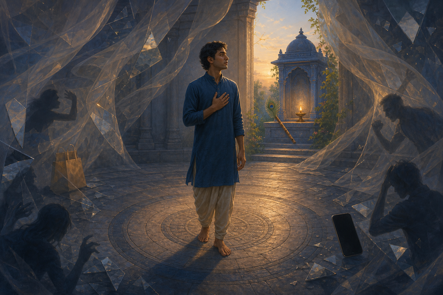 A person pauses in a dawn-lit temple courtyard as translucent veils and objects representing distractions swirl nearby, while an open path leads toward a lamp-lit devotional shrine.