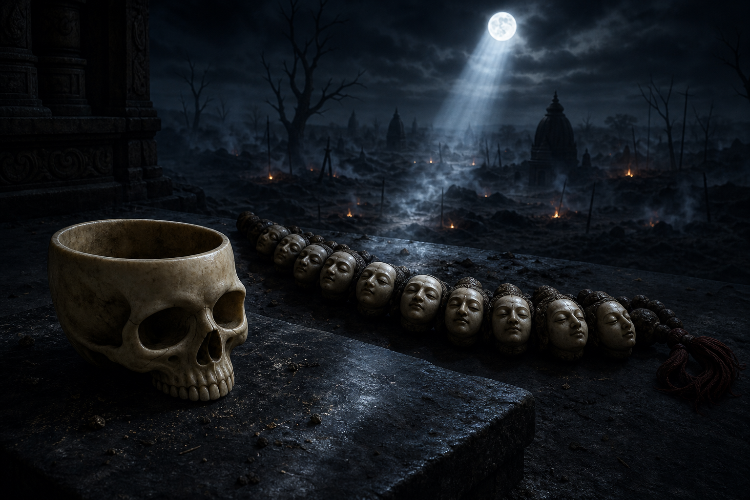 A skull-cup, a symbolic garland of sculpted heads and a distant cremation ground occupy three separate layers of a moonlit scene.
