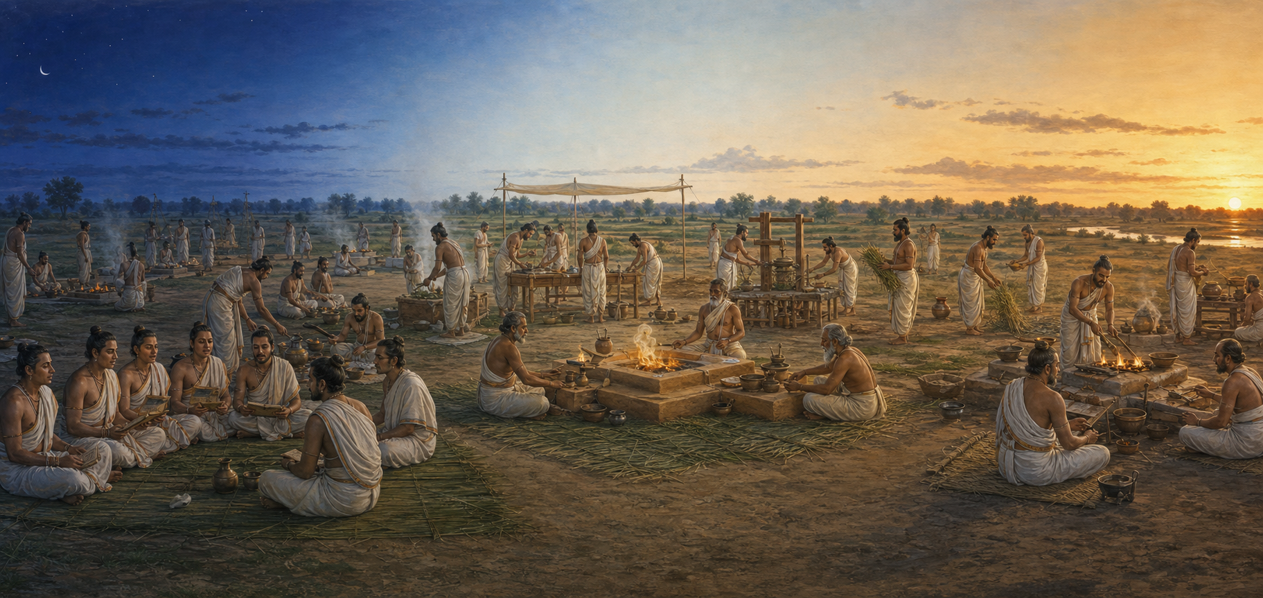 Vedic officiants perform coordinated duties in an open-air ritual enclosure shown through changing light from predawn to evening.