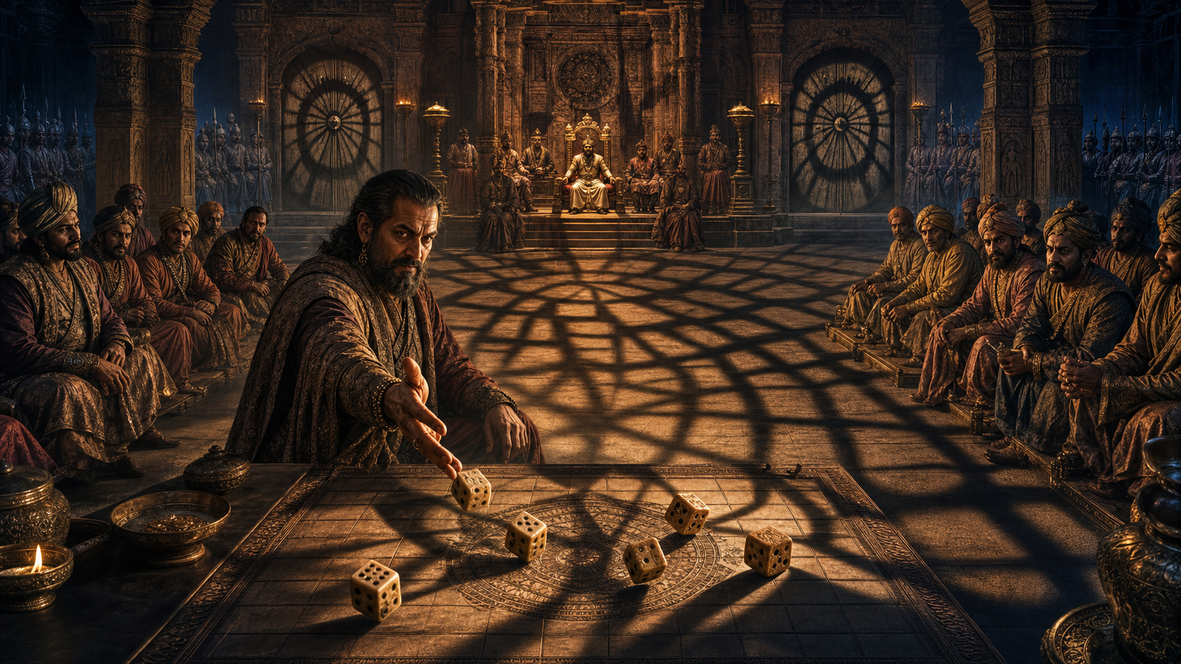 Shakuni casts dice in a royal hall as web-like shadows spread from the game board toward courtiers, the throne, and soldiers.