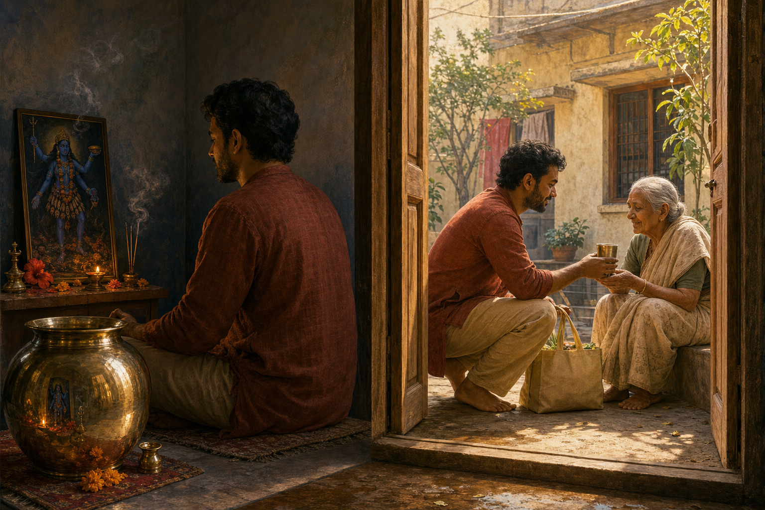 A practitioner meditates before a small Kali shrine and then offers water and assistance to an elderly person in a sunlit courtyard.