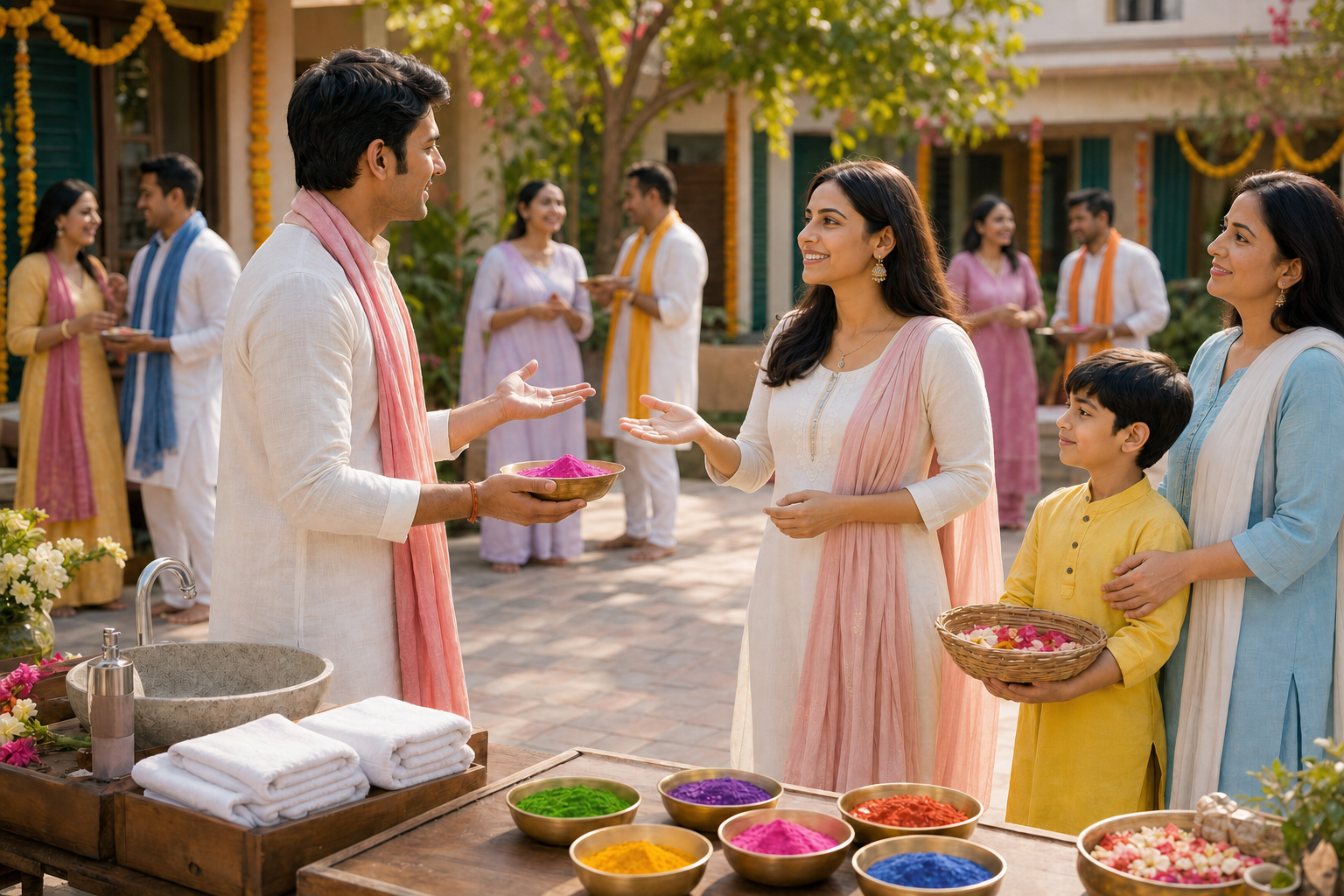 One Dhuleti celebrant offers a bowl of color and waits for another person's agreement while a child participates with flower petals nearby.