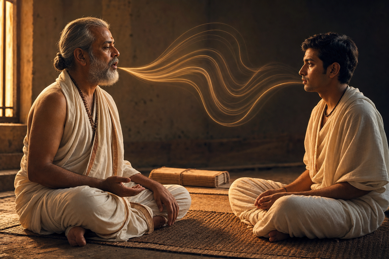 A teacher demonstrates a chant to a seated learner as curved ribbons of light visualize the movement of the melody.