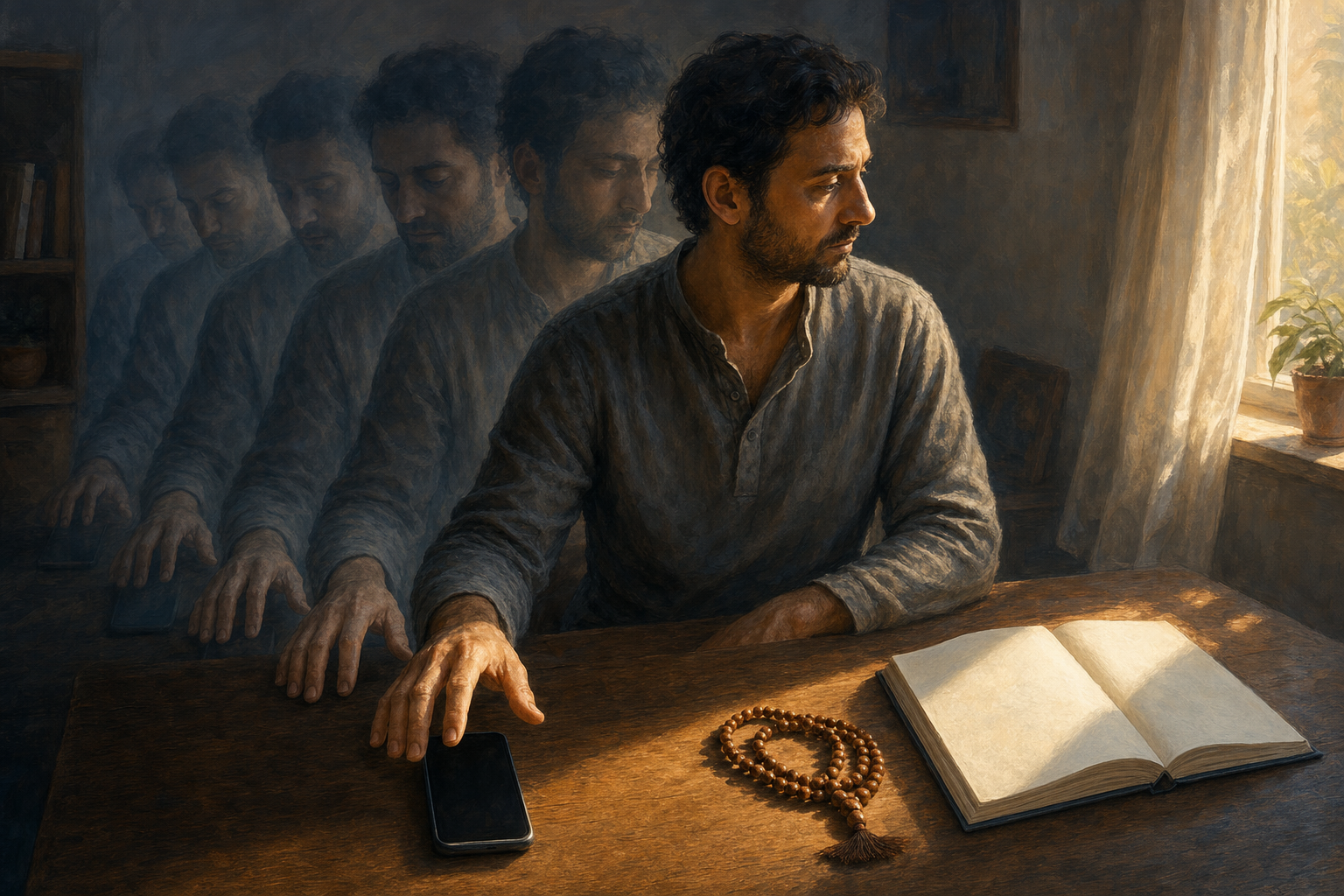 A seated person pauses with a hand above a blank-screen phone while translucent repeated silhouettes behind them suggest habitual behavior, and sunlight illuminates prayer beads nearby.