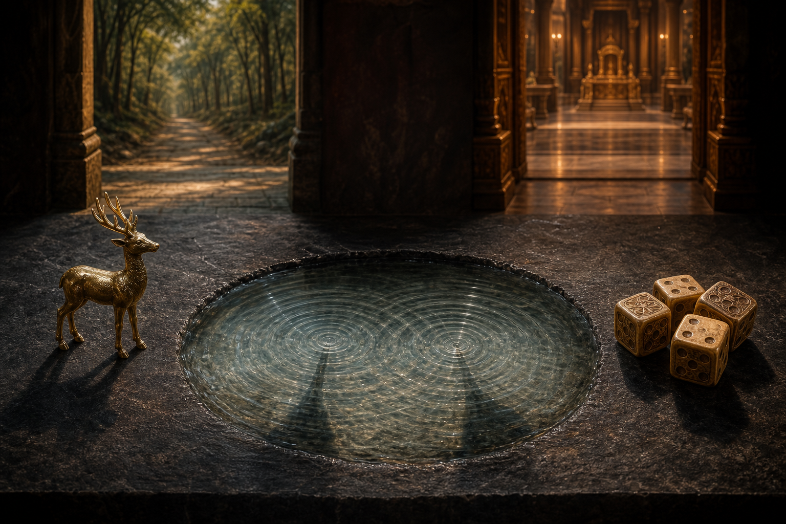 A golden deer figurine and carved dice sit apart beside water where ripples from their separate shadows overlap.
