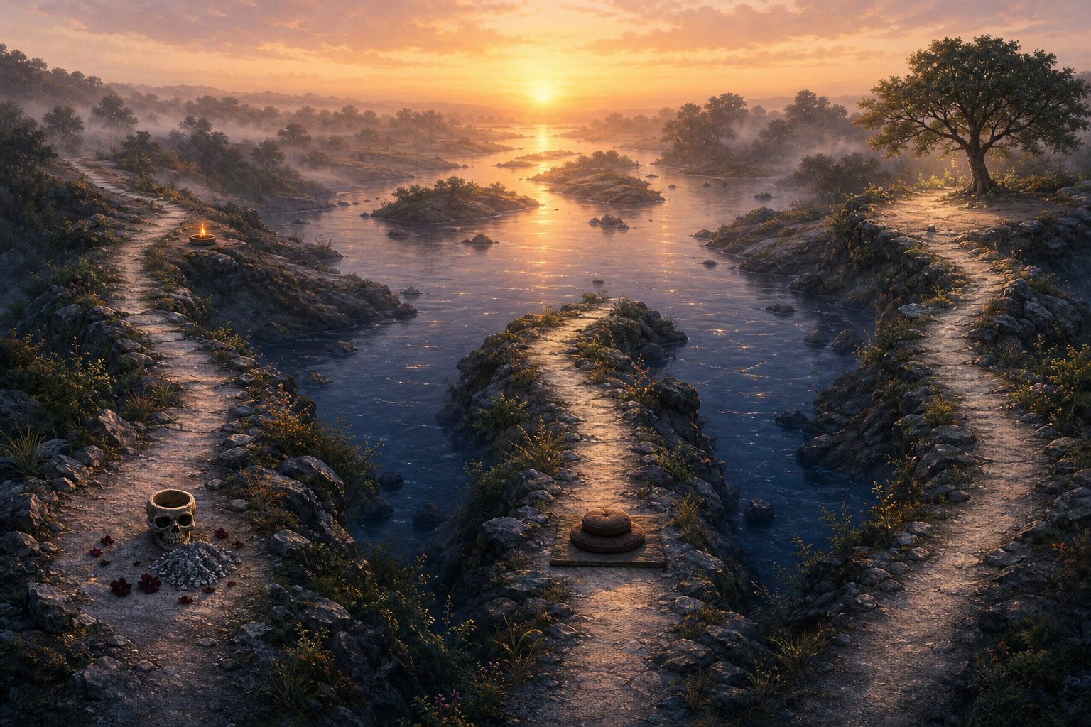 Separate paths with distinct contemplative objects follow a river toward the same dawn-lit horizon without merging into one another.