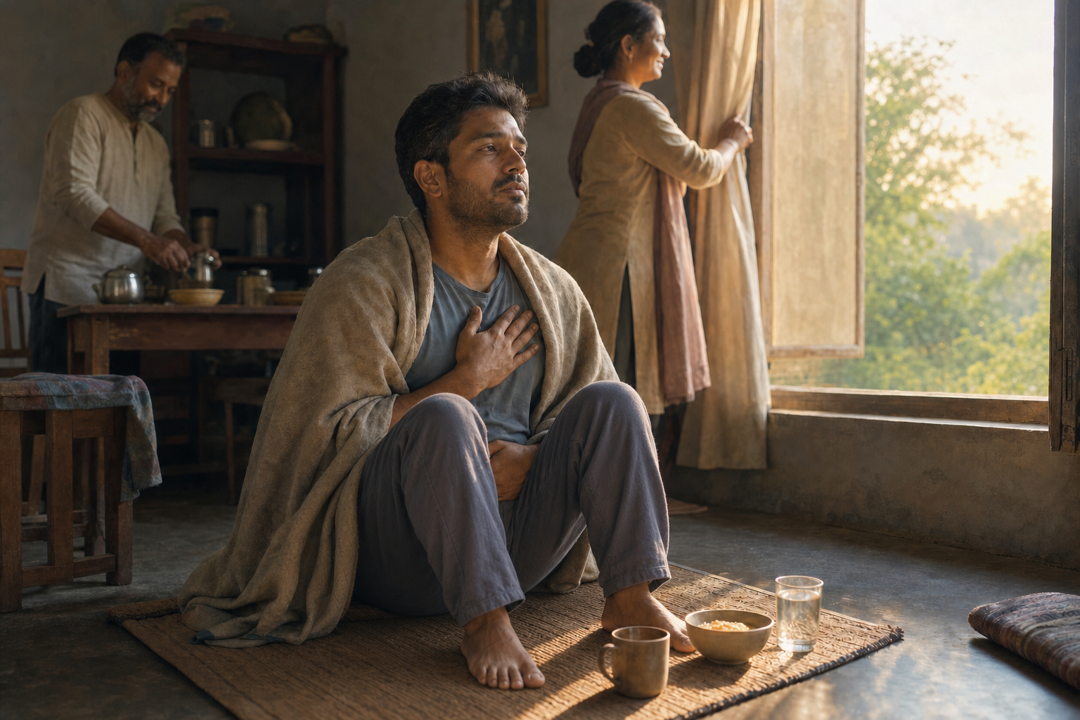 A tired adult wrapped in a blanket sits with both feet grounded near a sunlit window while family members quietly prepare food in the background.