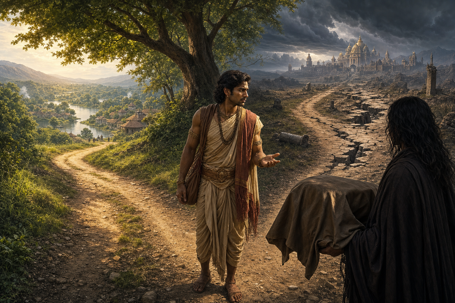 A traveler pauses before two forest paths, considering a companion's covered burden and the different consequences visible ahead.