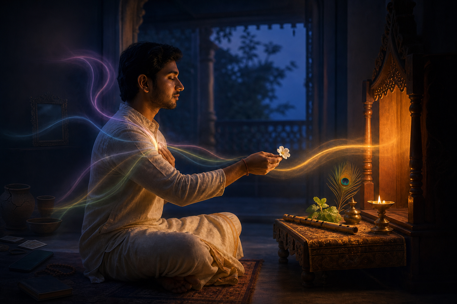 A practitioner offers a white flower before a lamp-lit altar with a flute and peacock feather as several faint streams of light converge into one golden devotional path.