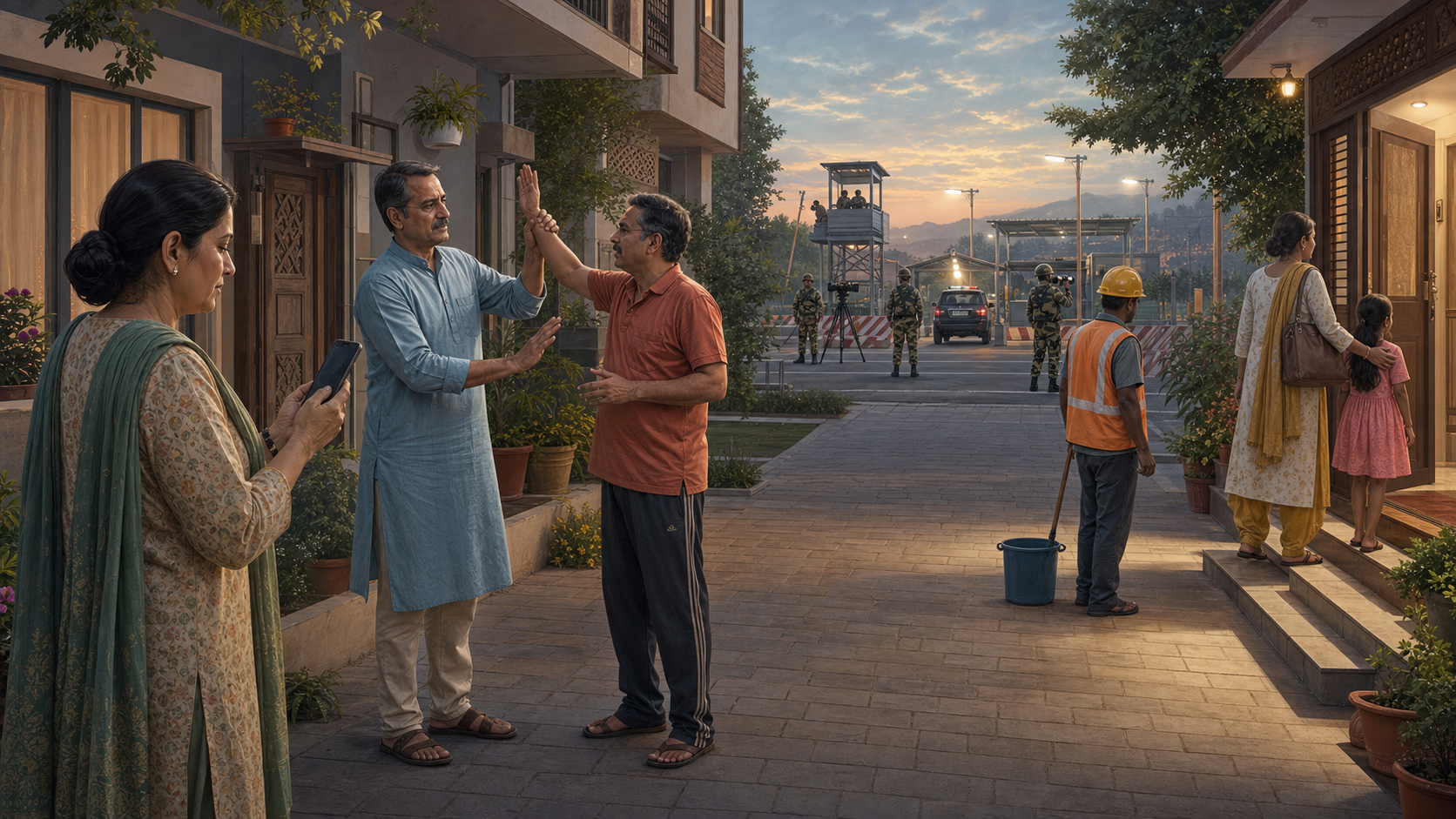 Residents in an Indian housing courtyard avoid confronting a nearby family while one person reports information privately and trained officers staff an official checkpoint in the distance.