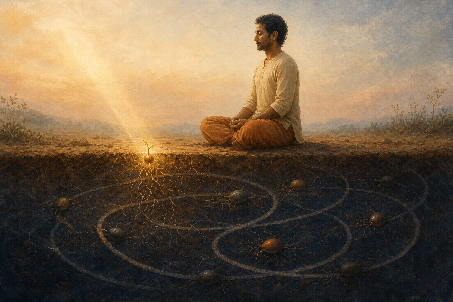 A person meditates above a cutaway of soil containing dormant seeds, fine roots, and faint circular paths illuminated by dawn light.