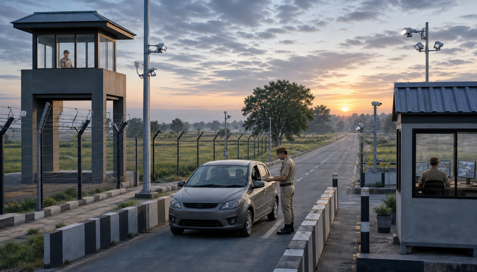 Uniformed personnel operate observation posts, inspection lanes, and monitoring equipment at an orderly rural border checkpoint at dawn.
