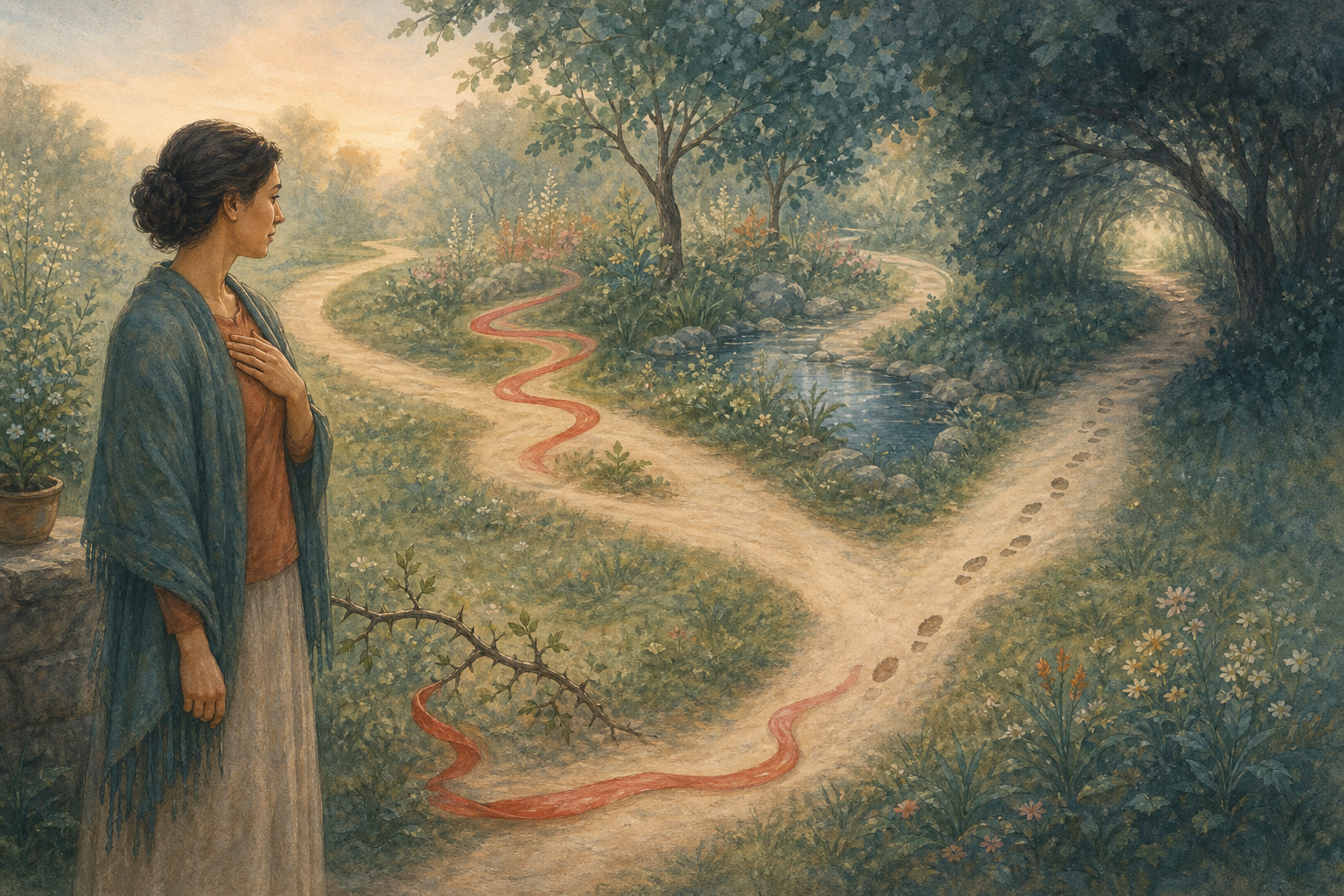 A calm observer stands beside a looping garden path marked by a thorny branch, a tightening ribbon-like current, a fork, and footprints leading into shade.