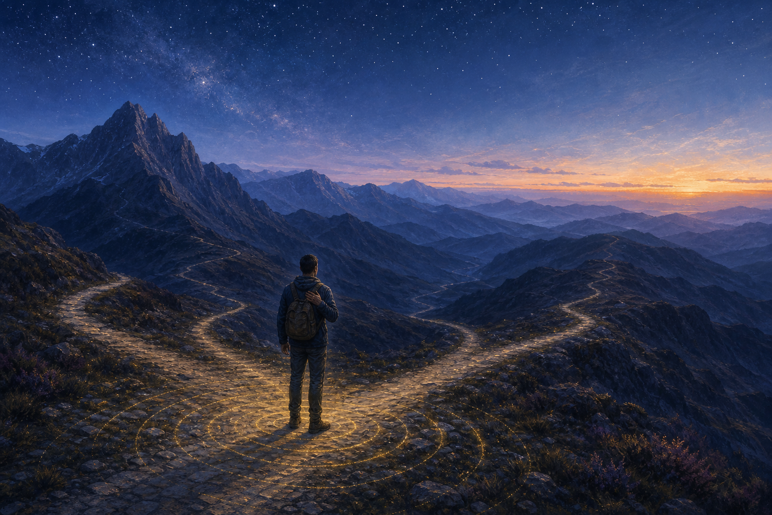 A traveler pauses at a fork in a mountain path as golden ripples extend from their footprints beneath a star-filled sky.