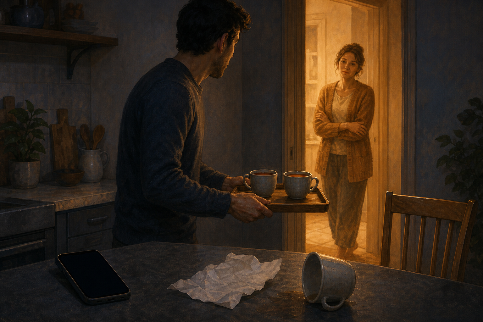 A remorseful person leaves a blank-screen phone on a kitchen counter and carries two cups of tea toward someone waiting in a warmly lit doorway.
