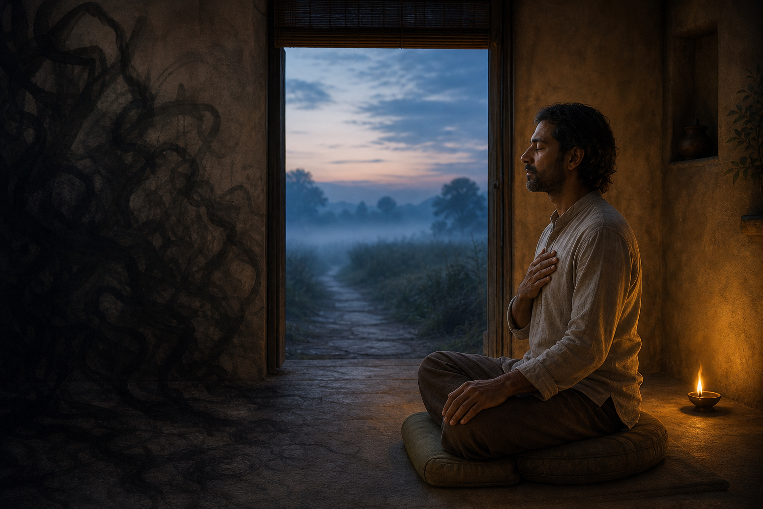 A person meditates beside a small oil lamp while dark tangled shadows recede toward an open doorway and a misty dawn path.
