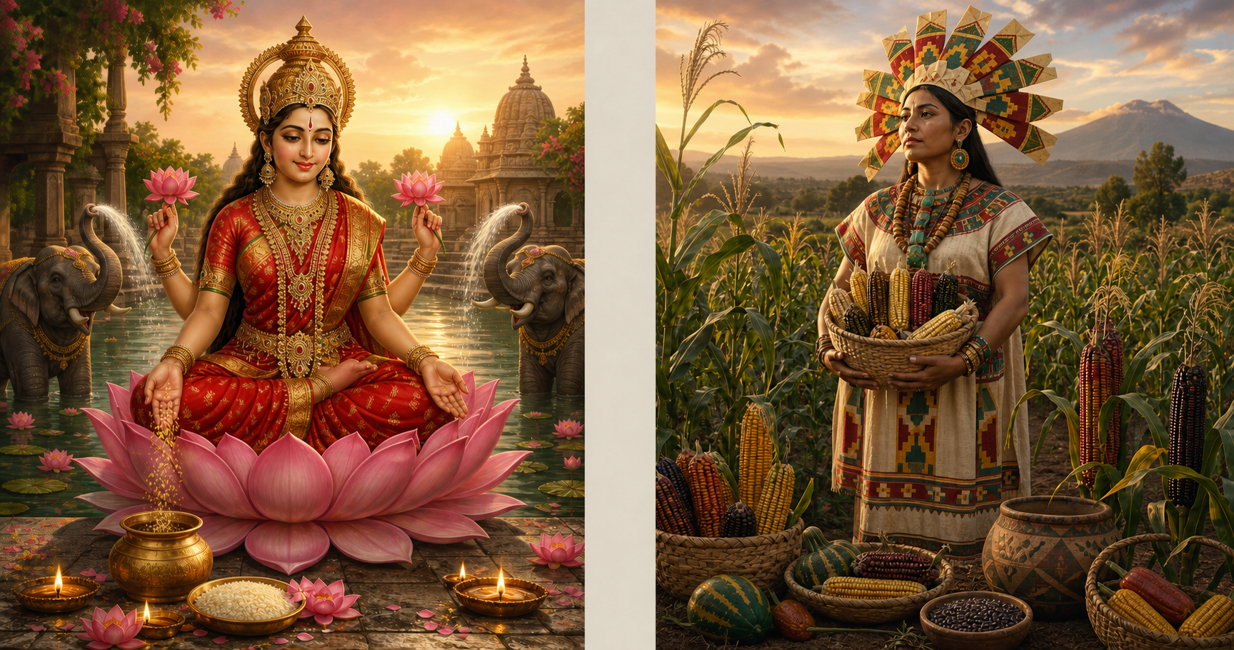 Comparative diptych showing Lakshmi seated on a lotus beside water and elephants, and Chicomecoatl standing among maize and seed baskets in a central Mexican field.