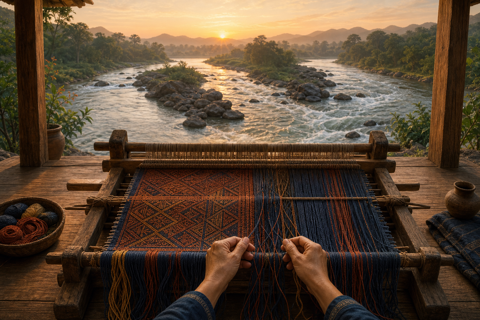 Hands guide loose threads on a partly woven textile while a river flows around stones in the background.