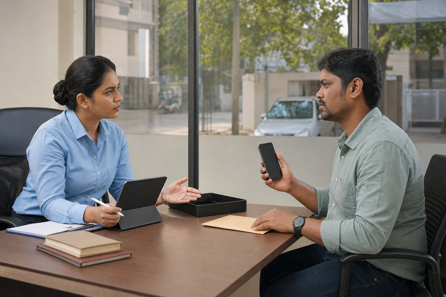 A resident privately gives information and a sealed envelope to a duty officer in a calm public-service office while neighbourhood life continues outside.