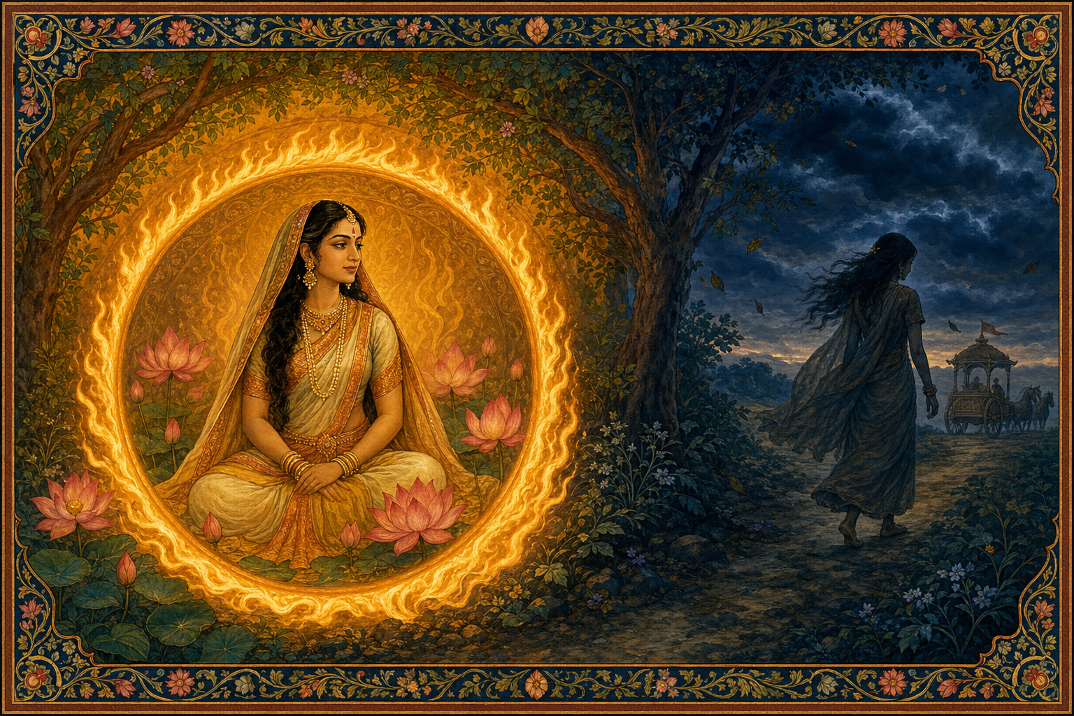 Sita sits calmly within a ring of golden firelight while a shadow-like double moves toward a distant chariot outside the protected sanctuary.