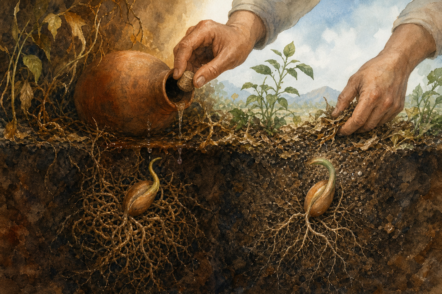 Human hands stop water from reaching one seed and loosen tangled roots as cool daylight enters the surrounding soil.