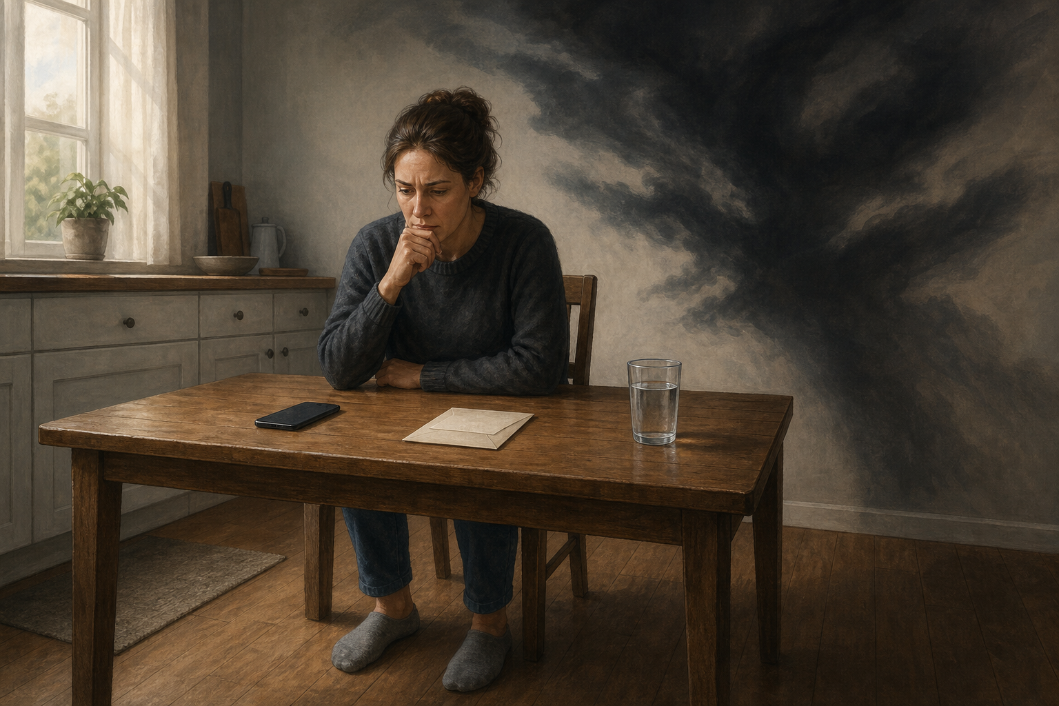 A person grounds themselves at a kitchen table while an oversized stormlike shadow contrasts with ordinary objects in front of them.