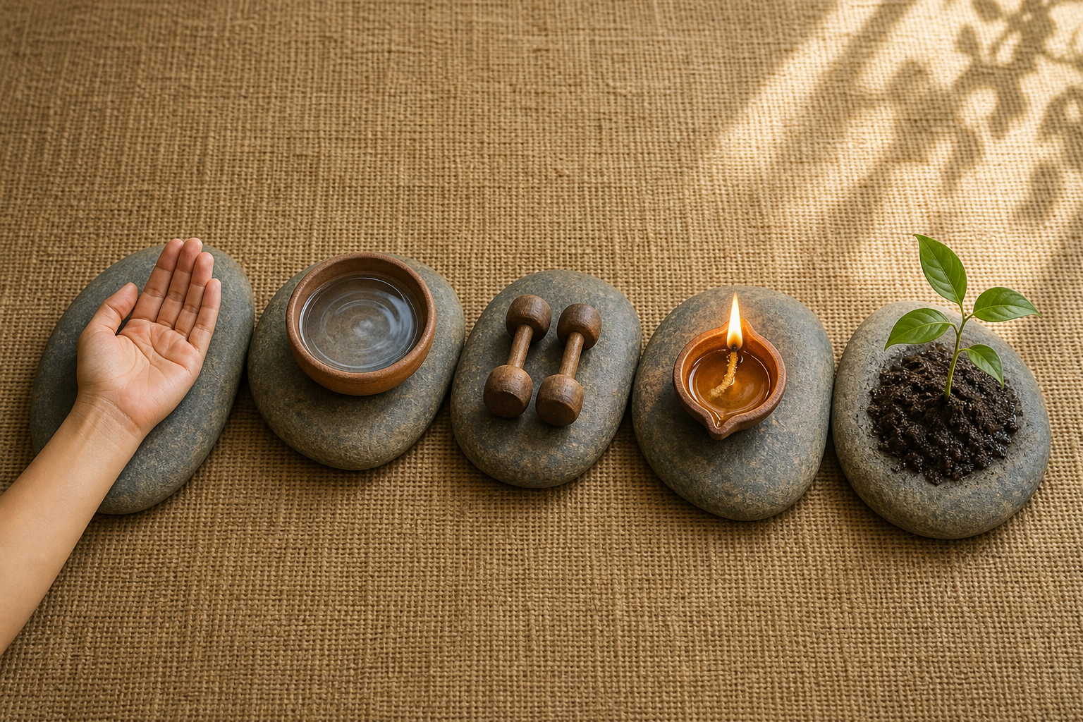 Five river stones form a curved path beside an open hand, water bowl, wooden weights, lamp, and seedling.
