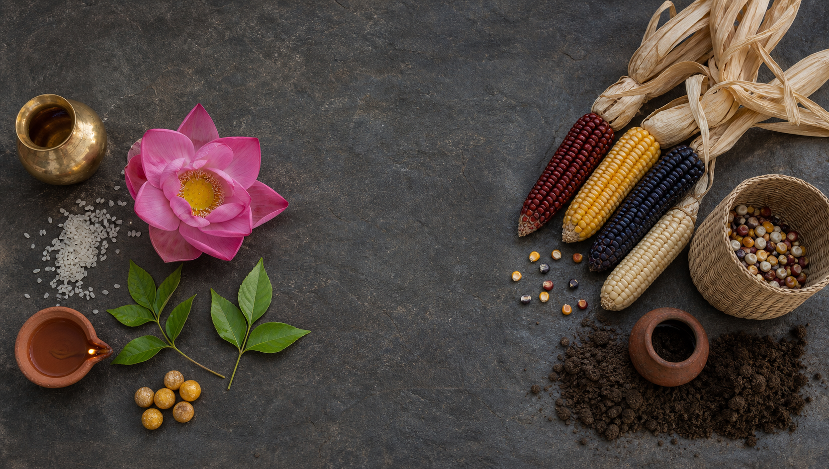 Overhead still life with a lotus, brass pot, rice, and lamp in one arrangement and multicolored maize, seeds, a basket, and clay vessel in another.