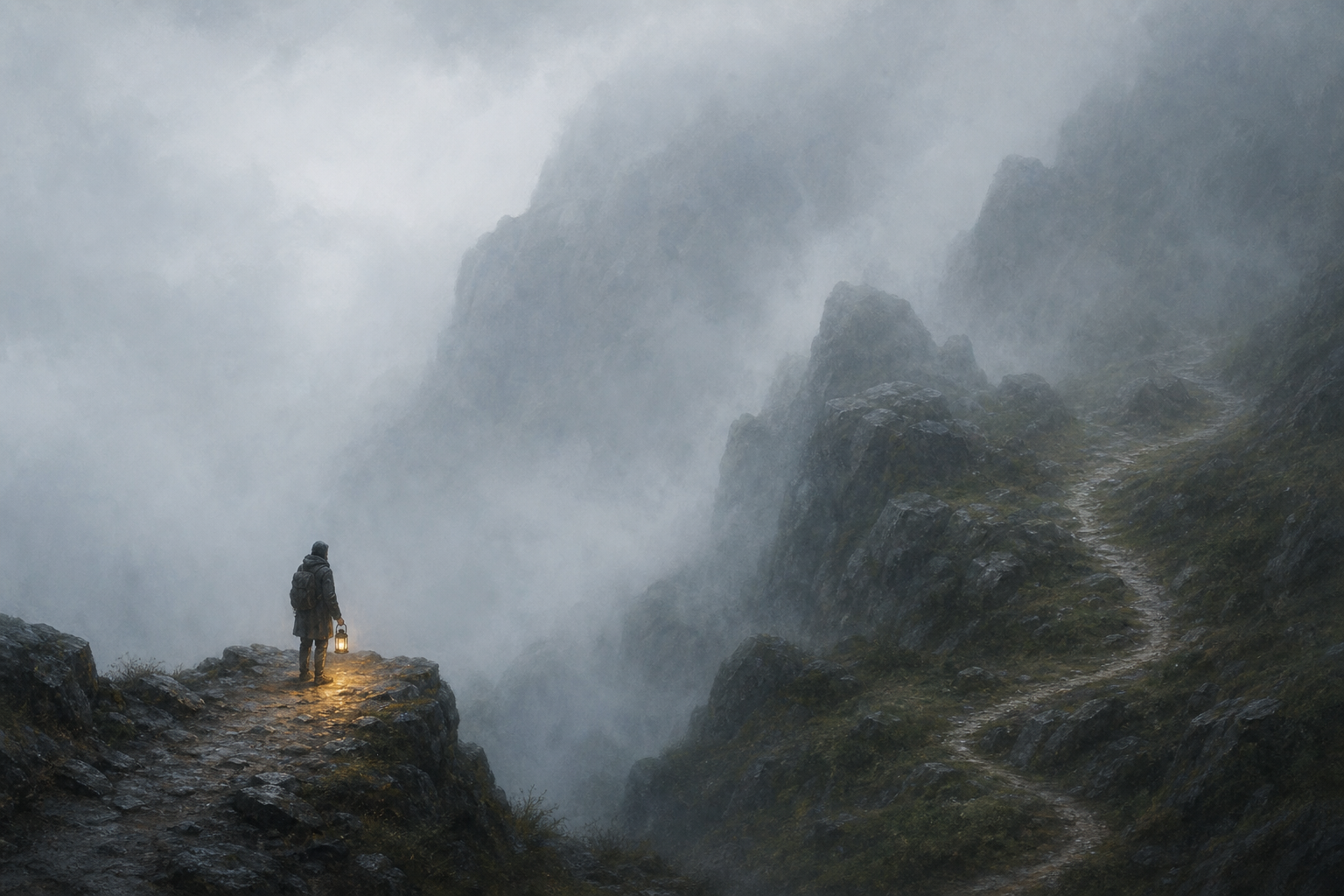 A traveler with a lantern pauses in fog as a second mountain path becomes visible around the rocks.