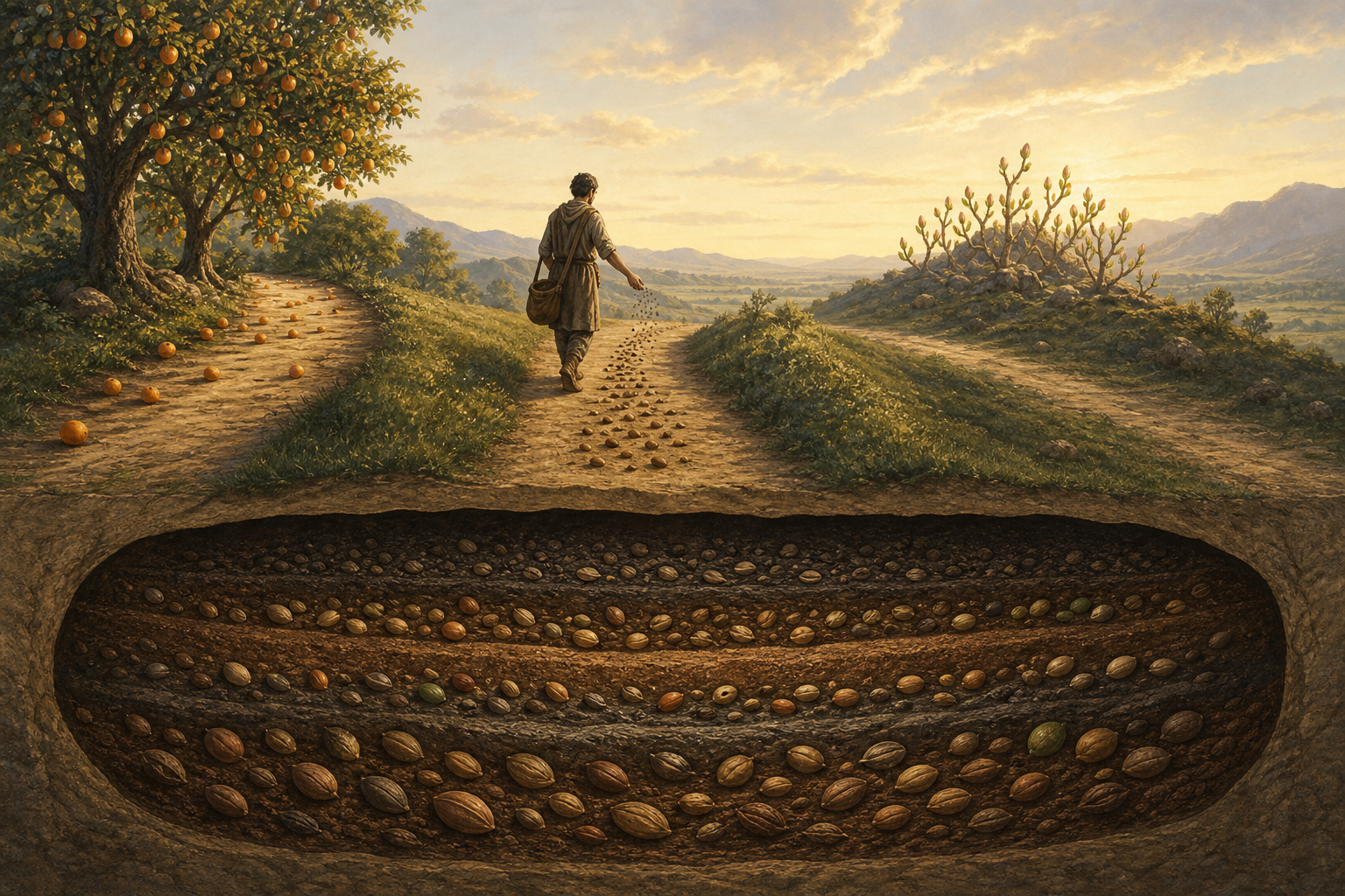 An underground chamber of dormant seeds lies beneath three separate landscape paths, one with ripe fruit, one being sown, and one with unopened buds.