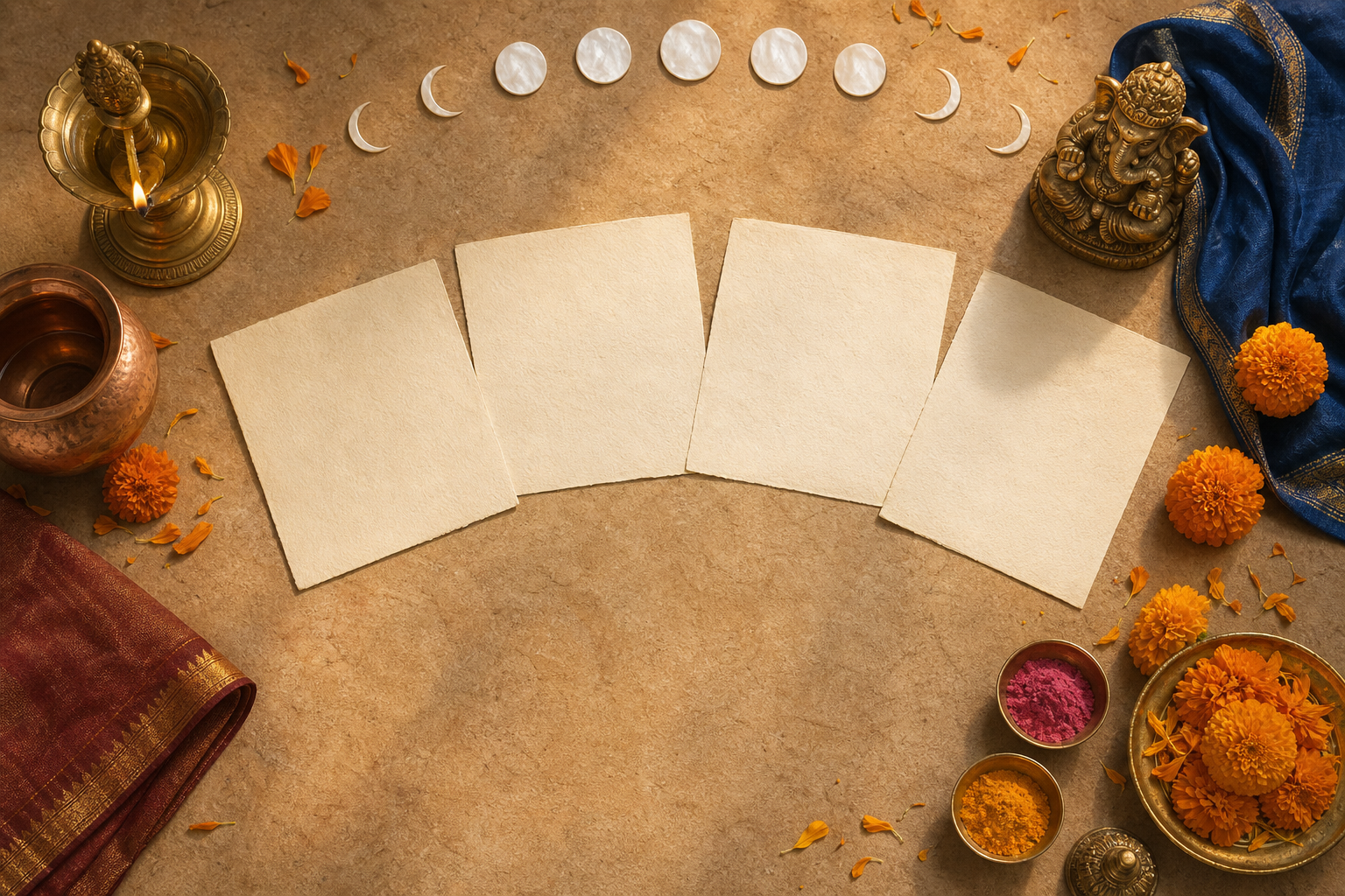 Brass diya, Ganesha murti, copper vessel, flower petals, colored powders, and four blank paper leaves arranged as a Phalguna observance still life.