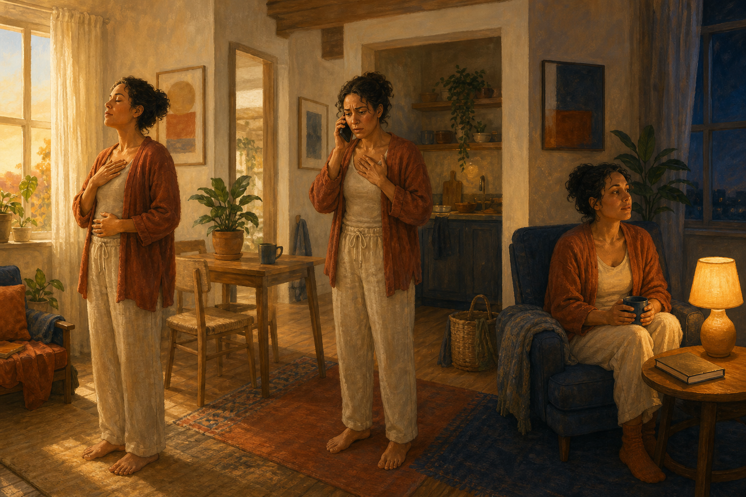 One continuous home scene shows a person practicing calm breathing in the morning, during a stressful moment, and beside a lamp in the evening.