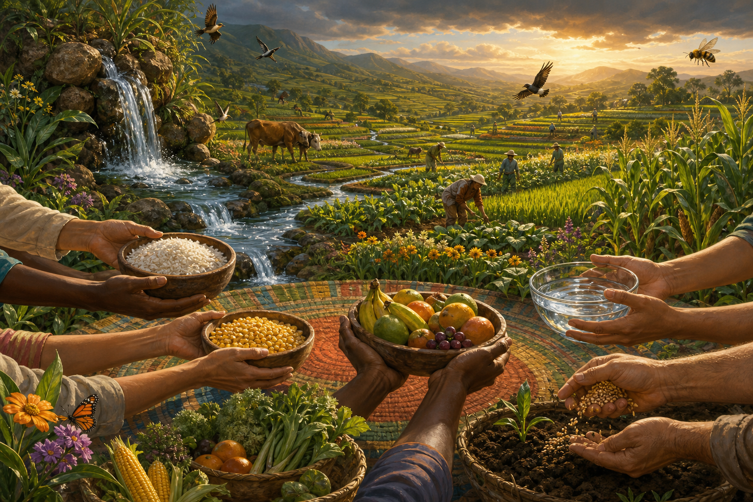 Hands share bowls of rice, maize, fruit, and water beside irrigated fields where people save seed and cultivate crops among animals and pollinators.