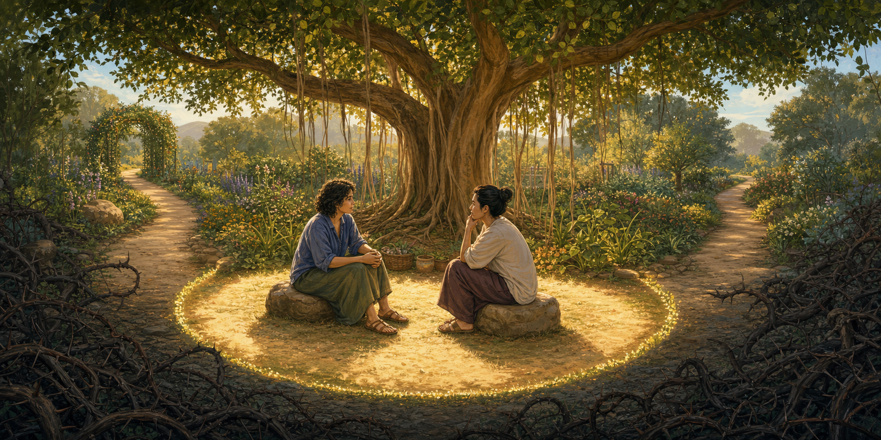 Two adults talk beneath a large tree inside a sunlit clearing, with two paths ahead and thorny vines outside the clearing.