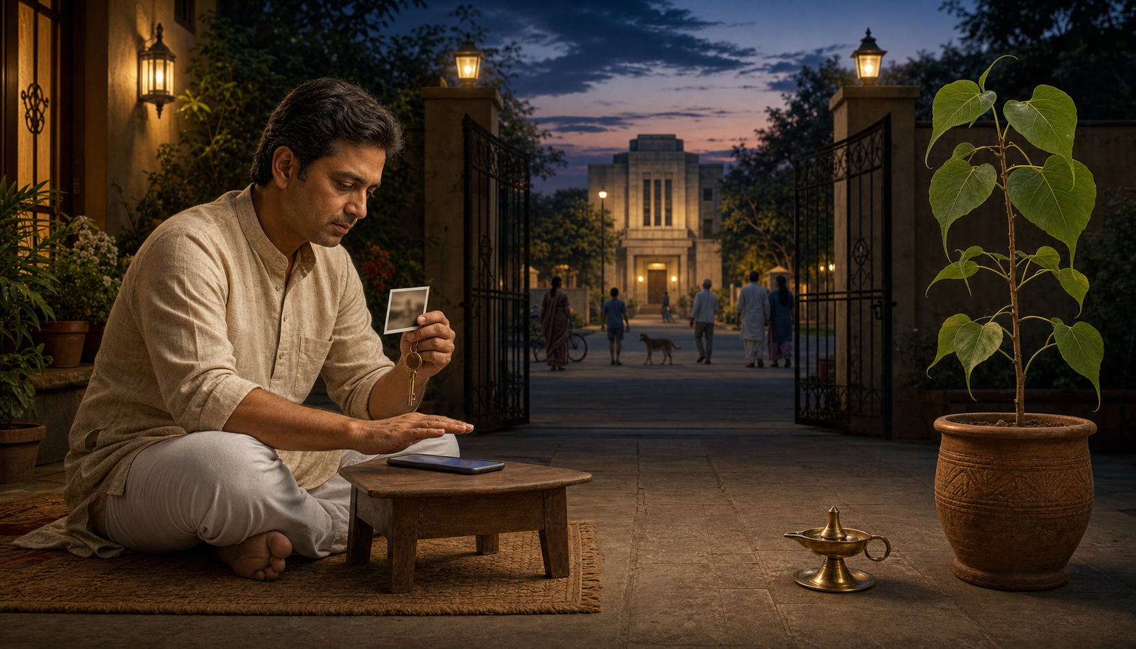 A resident pauses with a phone and a few unmarked evidence items in a quiet courtyard beside a brass lamp and peepal sapling as neighbours pass outside.