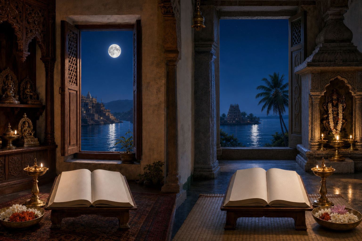 Two regional-style home prayer alcoves with blank almanacs face the same full moon under a continuous night sky.