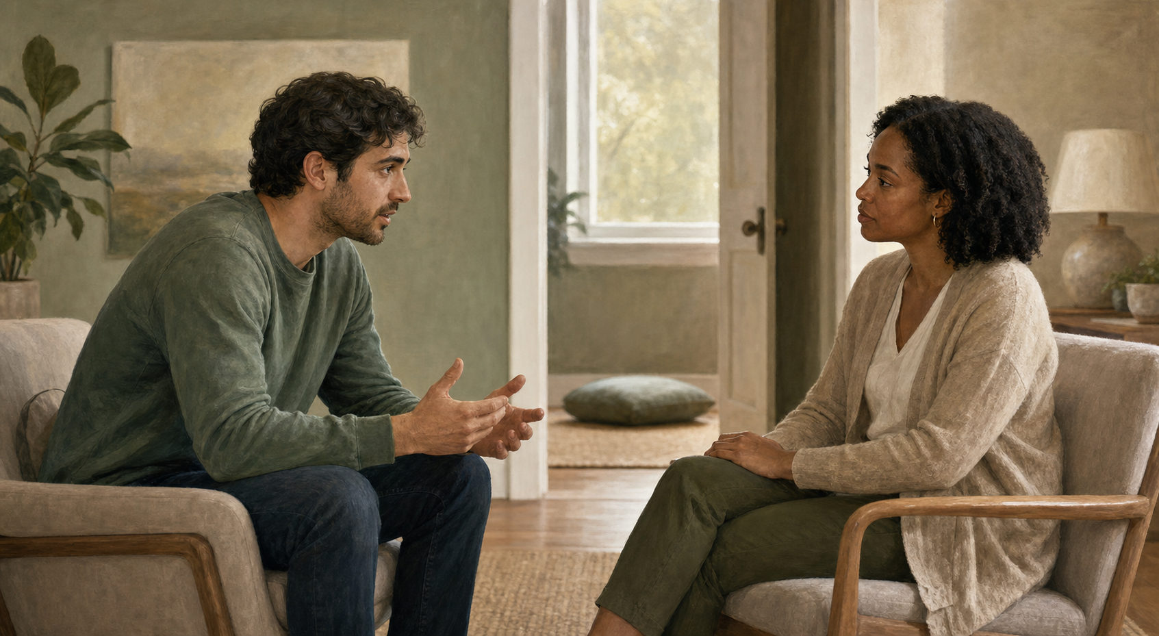 An adult speaks with a mental health professional in a quiet room with a meditation cushion in the background.