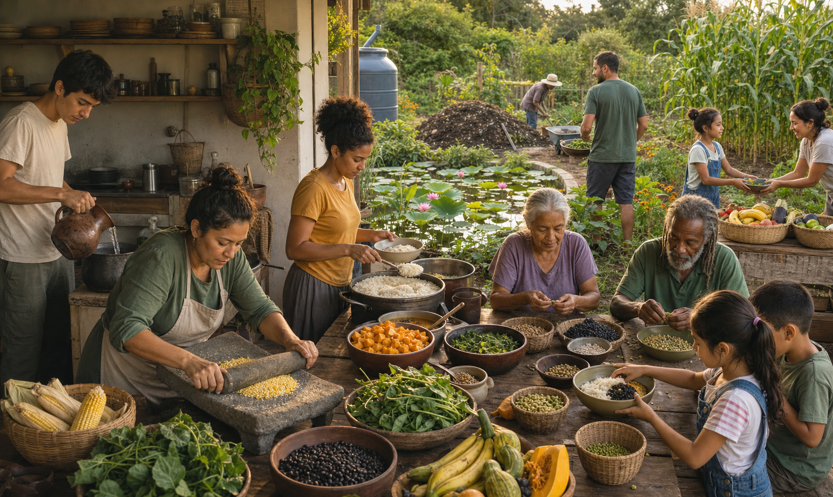 A multigenerational group prepares and shares rice, maize, beans, vegetables, fruit, and water in an open community kitchen beside a productive garden.