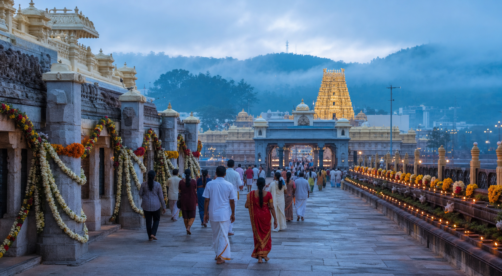 Pilgrims approach the illuminated Sri Venkateswara Temple complex in Tirumala at dawn, with a gilded tower and surrounding hills visible.