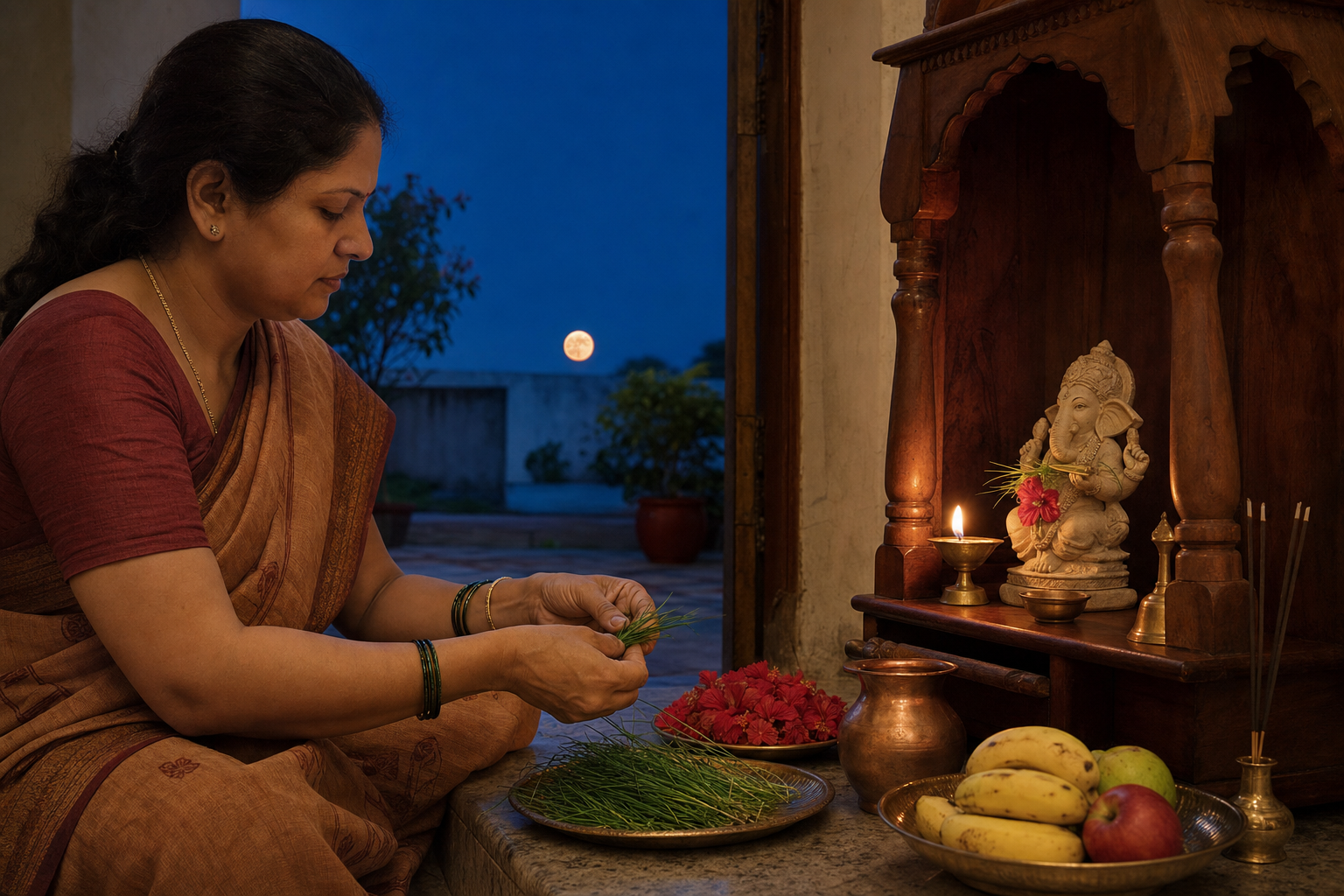 A person prepares durva grass, flowers, fruit, and a copper vessel before a Ganesha shrine as the moon rises outside.