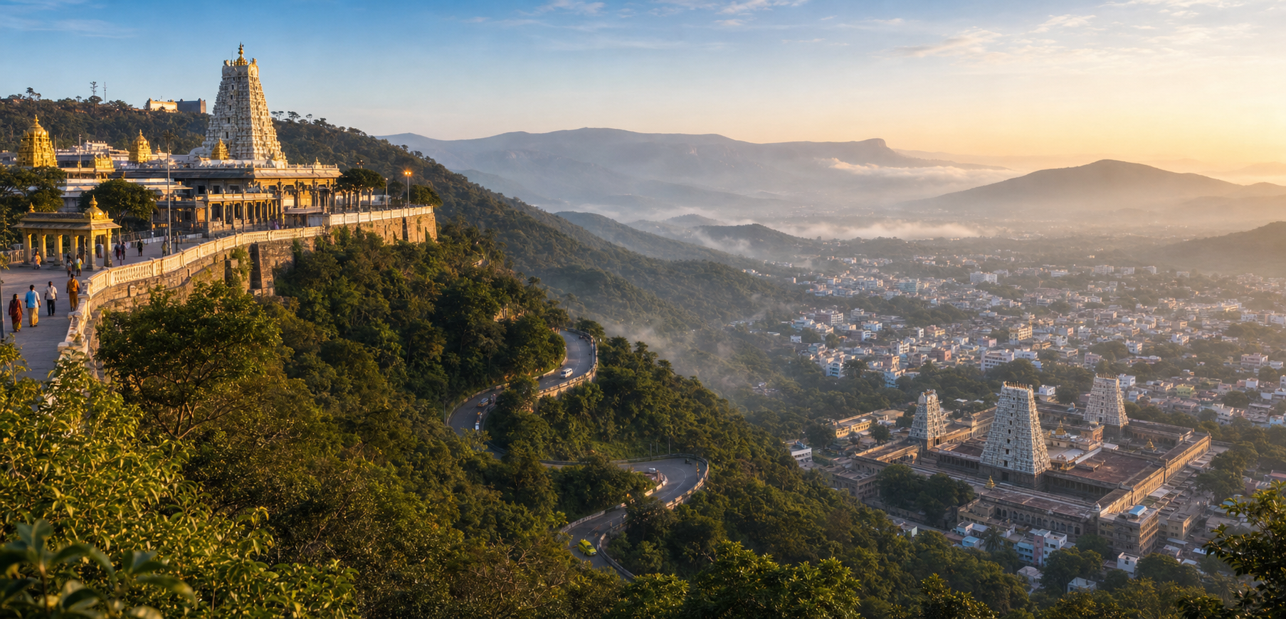 A connected landscape view shows the hilltop temple precinct at Tirumala and the Sri Govindarajaswamy Temple complex in the city of Tirupati below.