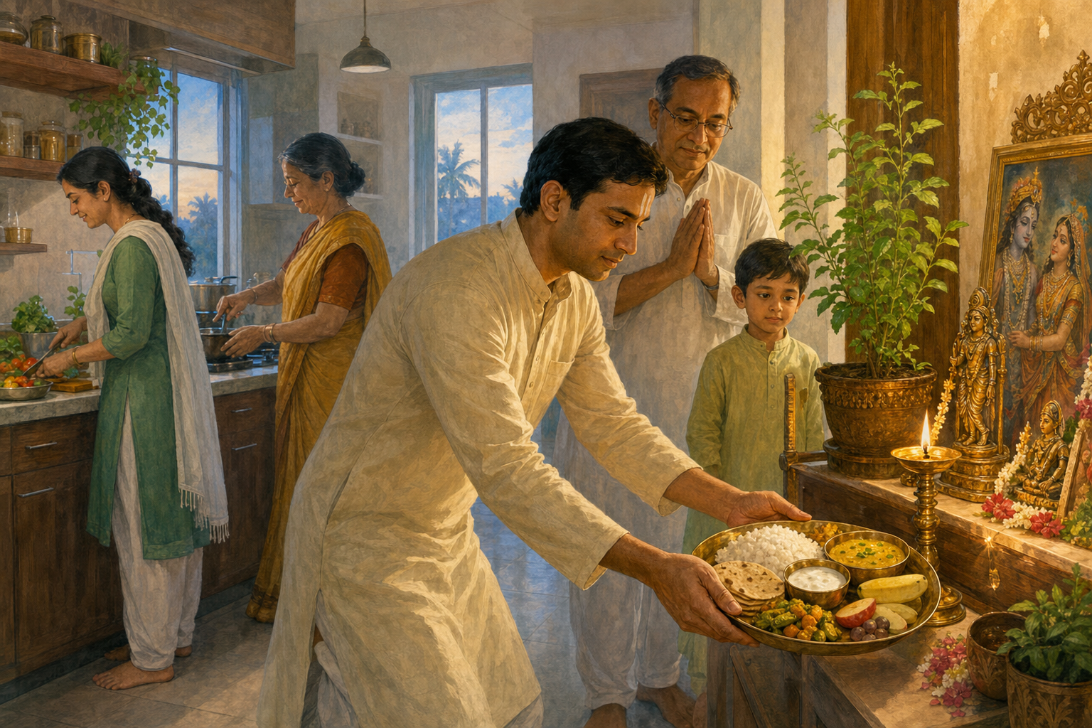 A family places a vegetarian thali beside flowers, a tulsi plant, and a lit oil lamp at a home shrine.
