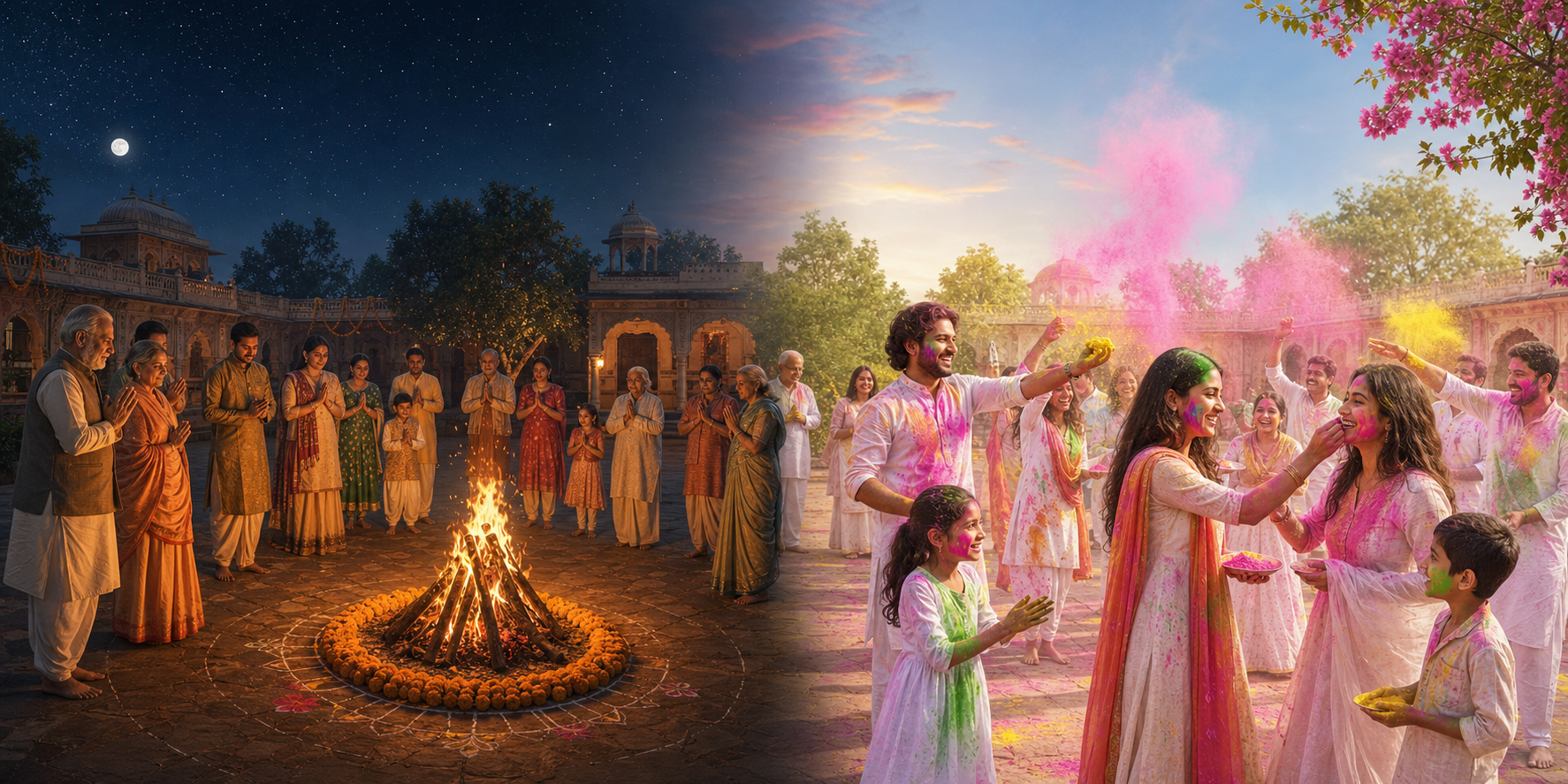 A two-part scene shows families gathered around a Holika Dahan fire at night and celebrating Holi with colored powder the next morning.